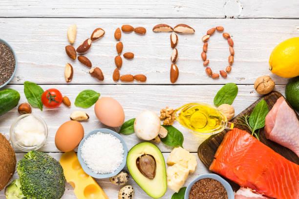 keto diet concept. ketogenic diet food. balanced low-carb food background. vegetables, fish, meat, cheese, nuts - ketogenic imagens e fotografias de stock