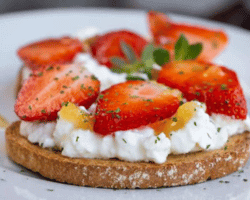 healthy toast with strawberry, cottage cheese and honey. tasty breakfast. summer appetizer - whipped cottage cheese